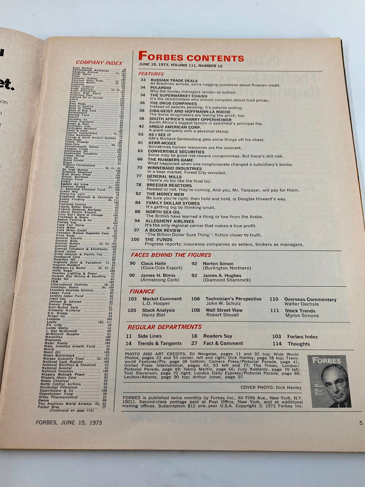 Contents page of VTG Forbes Magazine June 15 1973, showcasing features and articles including Harry Oppenheimer's exploration of gold, diamonds, and apartheid.