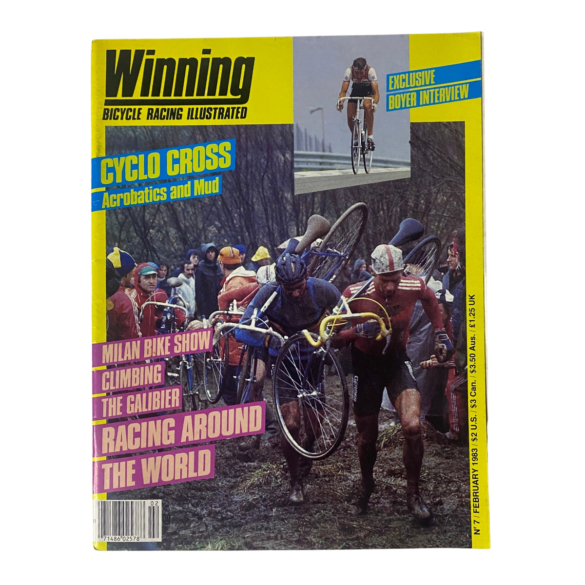 Cover of Winning Bicycle Racing Illustrated, February 1983, No. 7 featuring Cyclo Cross, showcasing vibrant graphics and images related to cycling events including the Milan Bike Show and Tour climbs.