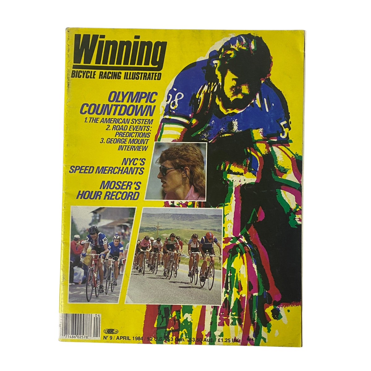 Cover of Winning Bicycle Racing Illustrated, April 1984, No. 9, featuring Olympic Countdown theme, showcasing an athlete in a cycling jersey, with images of cyclists racing, highlighting articles on Olympic preparations and American cycling.