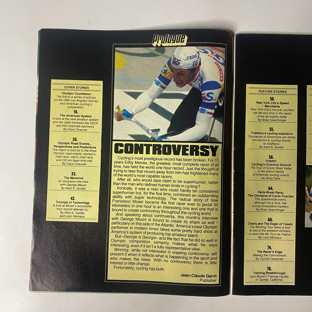 Page from Winning Bicycle Racing Illustrated, April 1984, No. 9, featuring the 'Controversy' article overview, highlighting key cycling debates—VG condition.