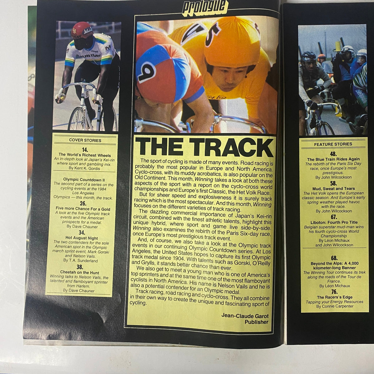 Inside page of Winning Bicycle Racing Illustrated May 1984 No. 10, showcasing the Prologue and cover story contents about cycling and track events.