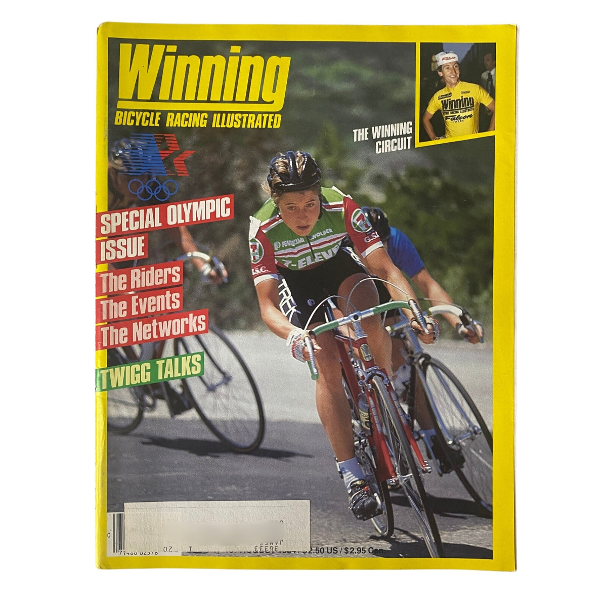 Cover of Winning Bicycle Racing Illustrated August 1984, No. 13, featuring a cyclist in action, promoting the Special Olympic Issue, highlighting The Winning Circuit, The Riders, The Events, and The Networks.