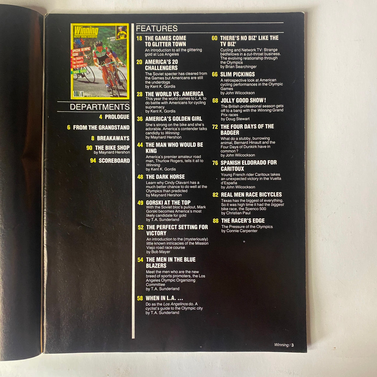 Inside contents page of Winning Bicycle Racing Illustrated August 1984, No. 13, detailing features such as The Games Come to Glitter Town, America's 20 Challengers, and the Men in the Blue Blazers.