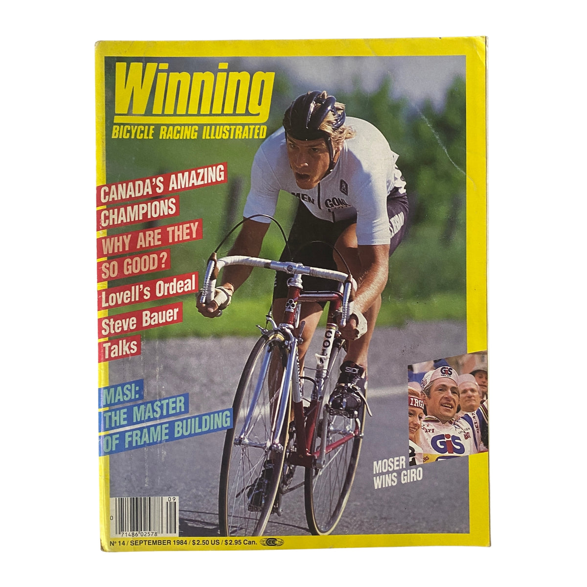 Cover of Winning Bicycle Racing Illustrated September 1984 No. 14 featuring Francesco Moser in action on a cycling race, highlighting Canada's champions and notable features in this issue.
