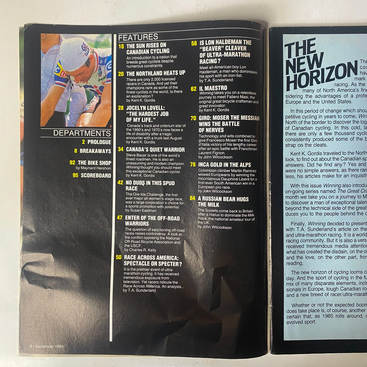 Table of contents from Winning Bicycle Racing Illustrated September 1984 No. 14 featuring articles on Canadian cycling, Jocelyn Lovell, and Francesco Moser's Giro d'Italia victory.
