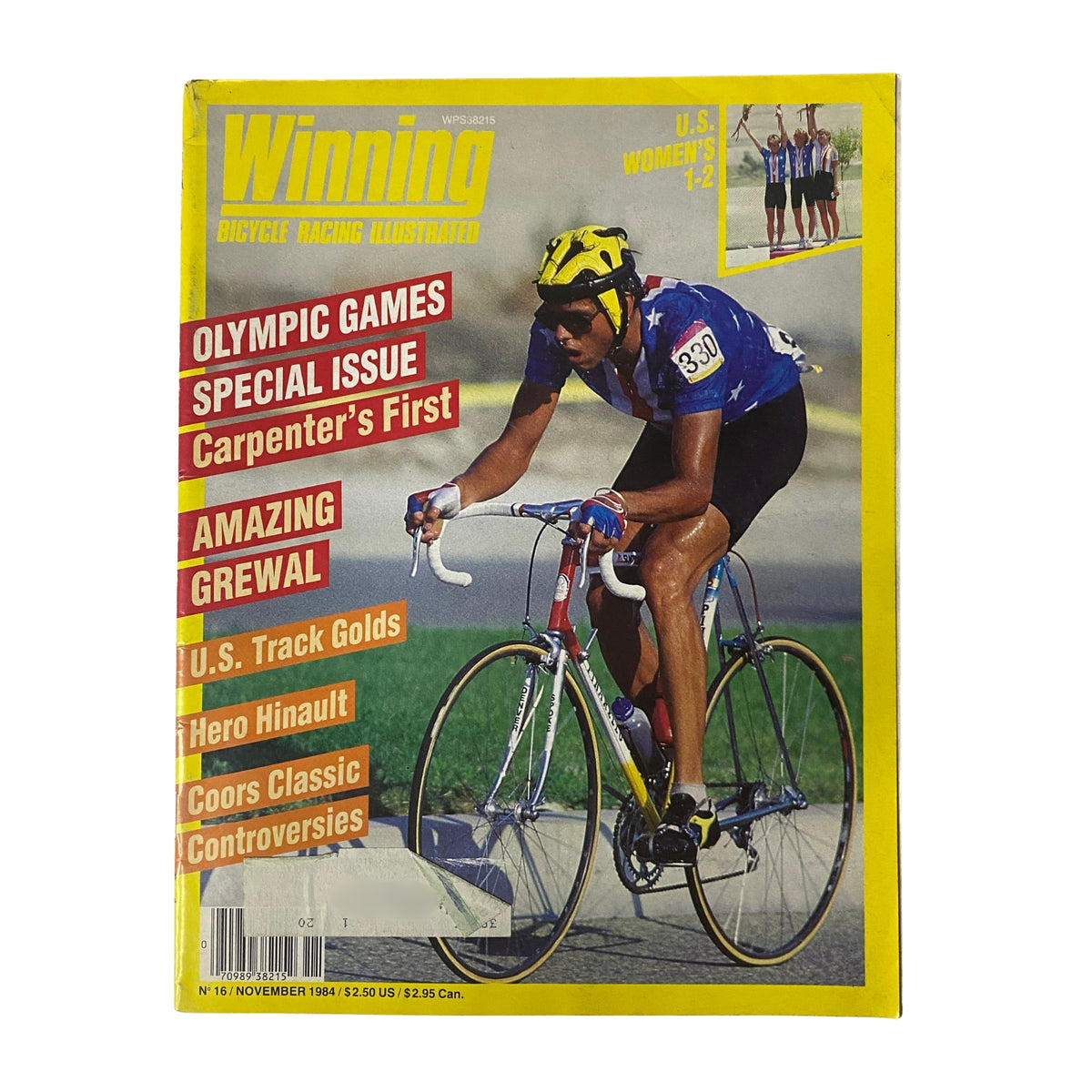 Cover of Winning Bicycle Racing Illustrated, November 1984, No. 16 featuring Olympic gold medalist Alexi Grewal on the bicycle, highlighting Olympic Games, and major cycling events, very good condition.