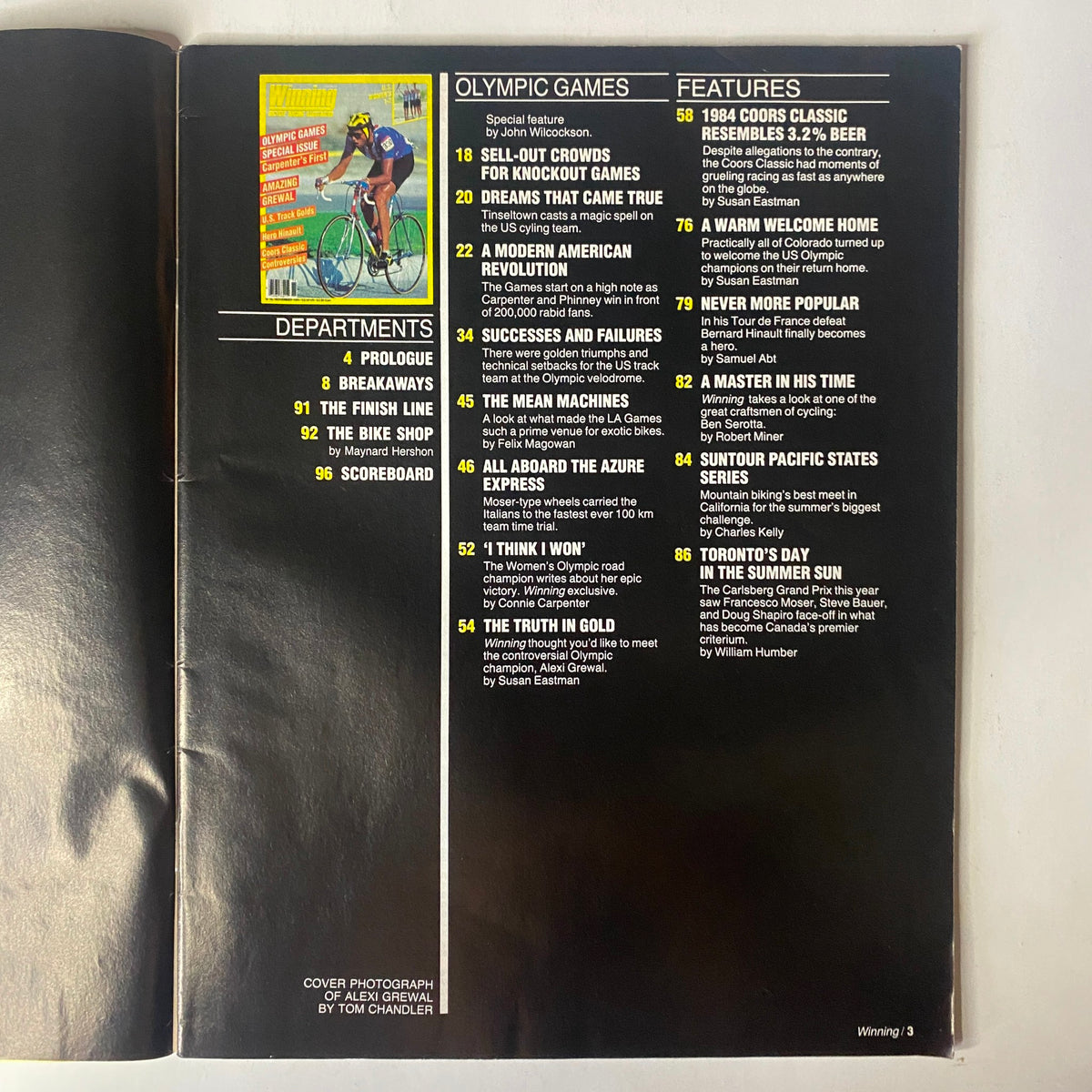Interior page of Winning Bicycle Racing Illustrated, November 1984, No. 16 showcasing contents including Olympic Games features and department listings, very good condition.
