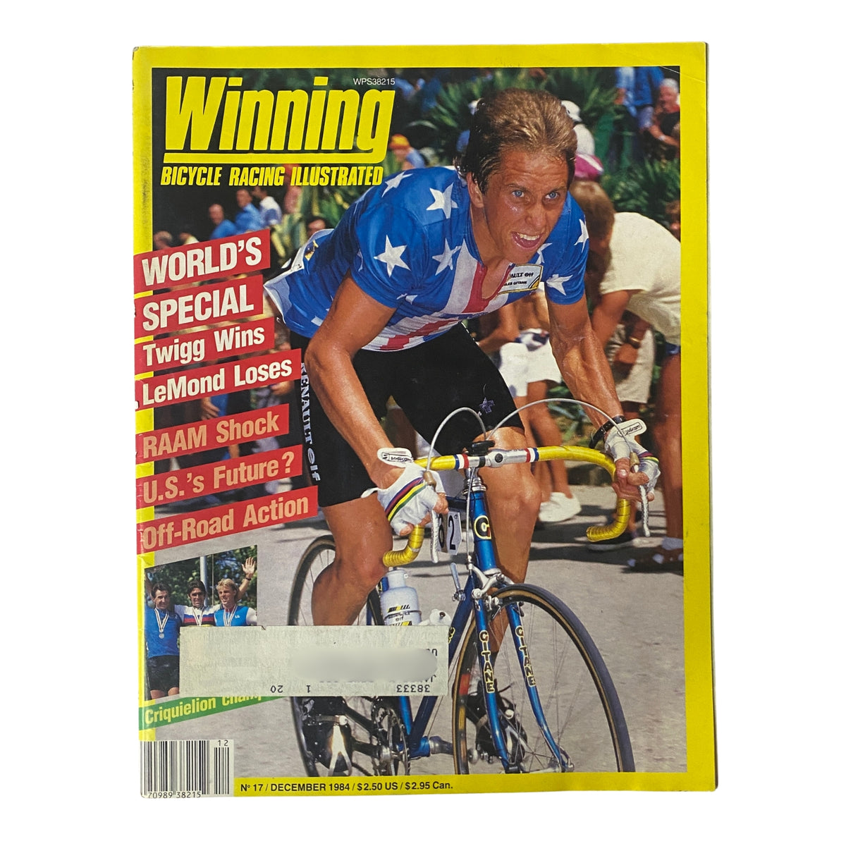 Cover of Winning Bicycle Racing Illustrated, December 1984, No. 17 featuring Greg LeMond in a star-spangled jersey, highlighting cycling events and the World Championships.