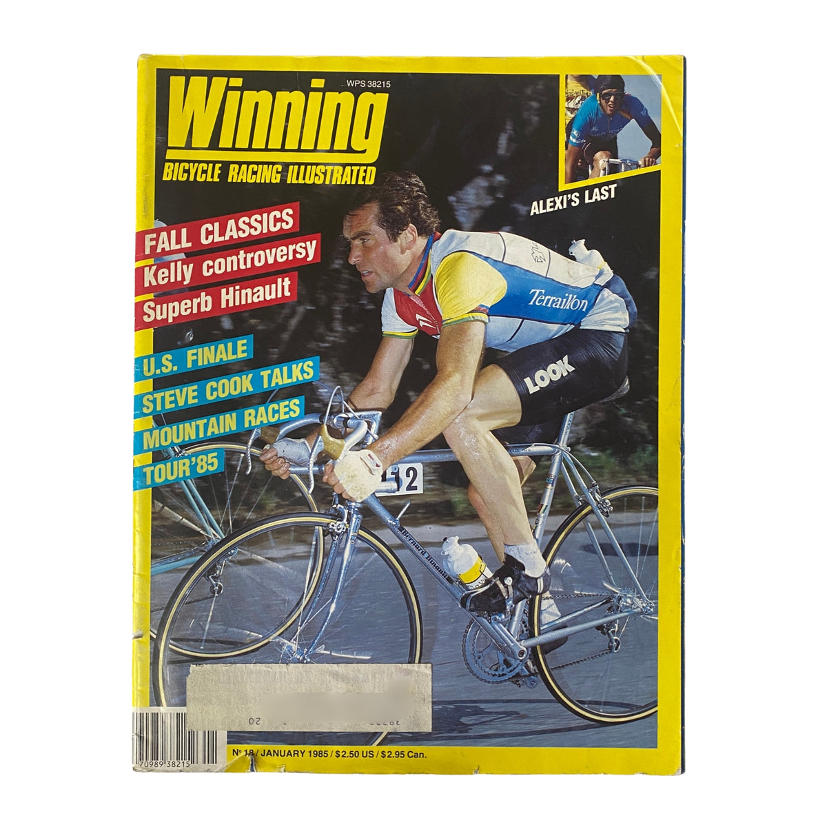 Cover of Winning Bicycle Racing Illustrated January 1985 No. 18 featuring Bernard Hinault cycling, highlighting fall classics, Kelly controversy, and superb Hinault.