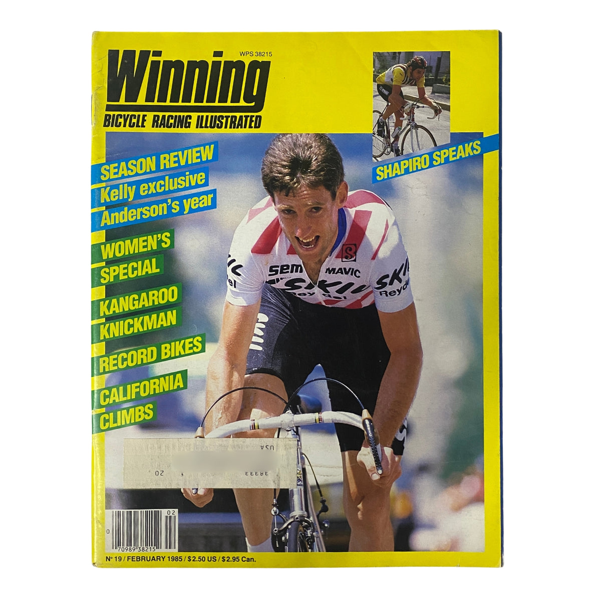 Cover of Winning Bicycle Racing Illustrated February 1985 No. 19 featuring Sean Kelly, showcasing cycling highlights, seasonal reviews, and exclusive interviews.