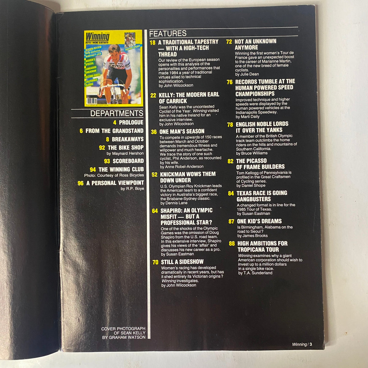 Cover image of Winning Bicycle Racing Illustrated, February 1985, No. 19 featuring Sean Kelly. This issue highlights cycling innovation, profiles prominent cyclists, and features articles about women’s racing and U.S. cycling developments from the 1980s.