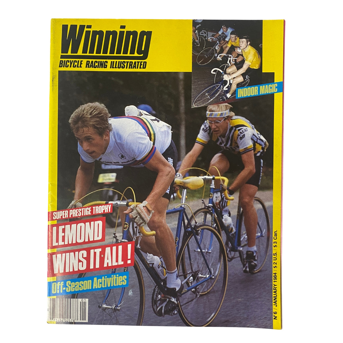 Winning Bicycle Racing Illustrated, January 1984, Cover showcasing Greg LeMond racing in vibrant cycling gear, celebrating his victory in the Super Prestige Trophy.