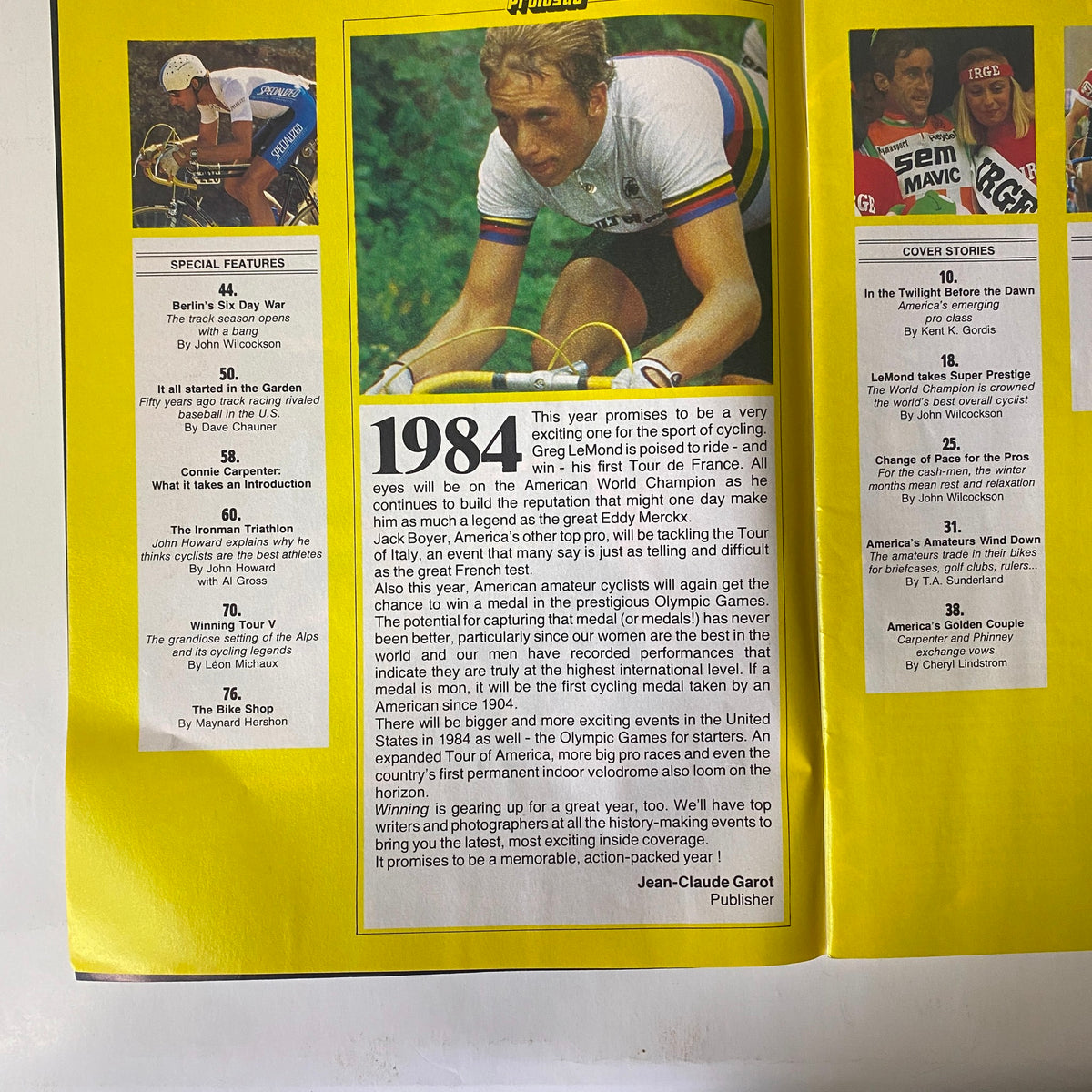 Inside page of Winning Bicycle Racing Illustrated, January 1984, highlighting a message from publisher Jean-Claude Garot about the cycling season ahead and the significance of the year.
