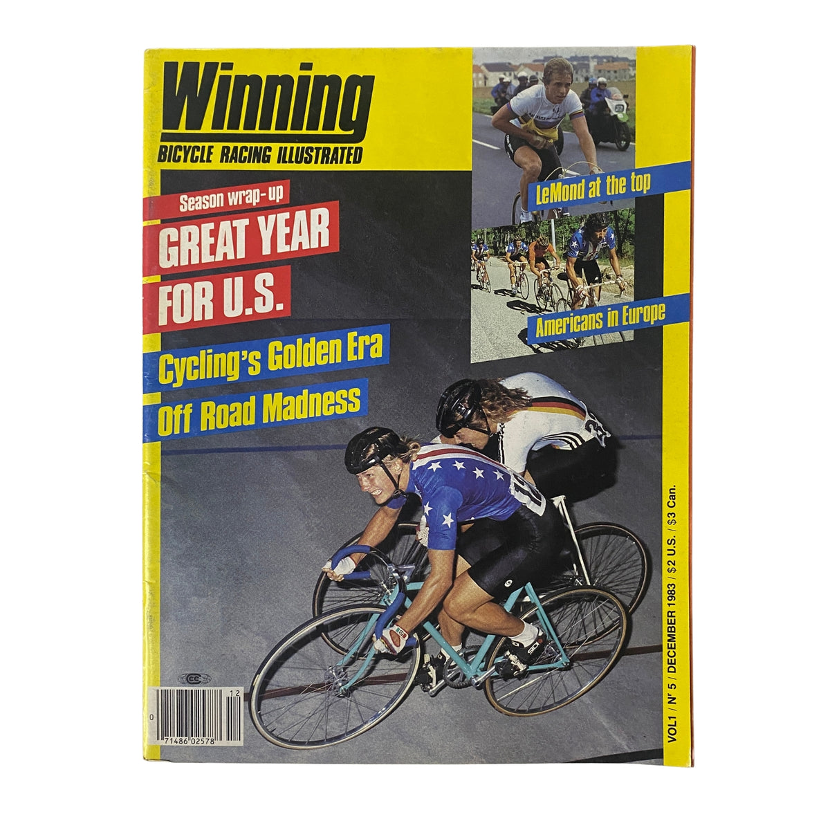 Winning Bicycle Racing Illustrated December 1983 No. 5 cover featuring a racing scene with cyclists in action, highlighting Greg LeMond at the top, showcasing the Golden Era of cycling in the U.S.
