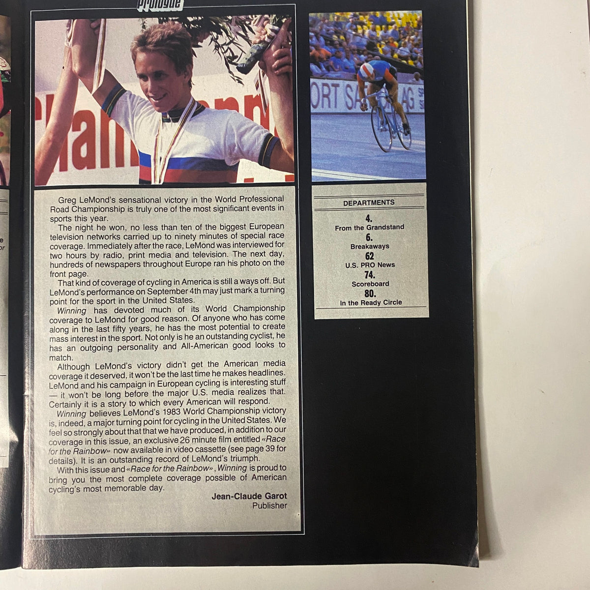 Back page of Winning Bicycle Racing Illustrated, November 1983, discussing Greg LeMond's remarkable victory and its significance in professional cycling, showcasing the impact on American cycling and the women's racing scene.