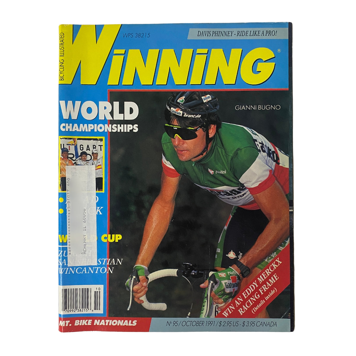 Winning Bicycle Racing Illustrated magazine cover from October 1991 featuring Gianni Bugno, showcasing the World Championships and highlighting key cycling events.