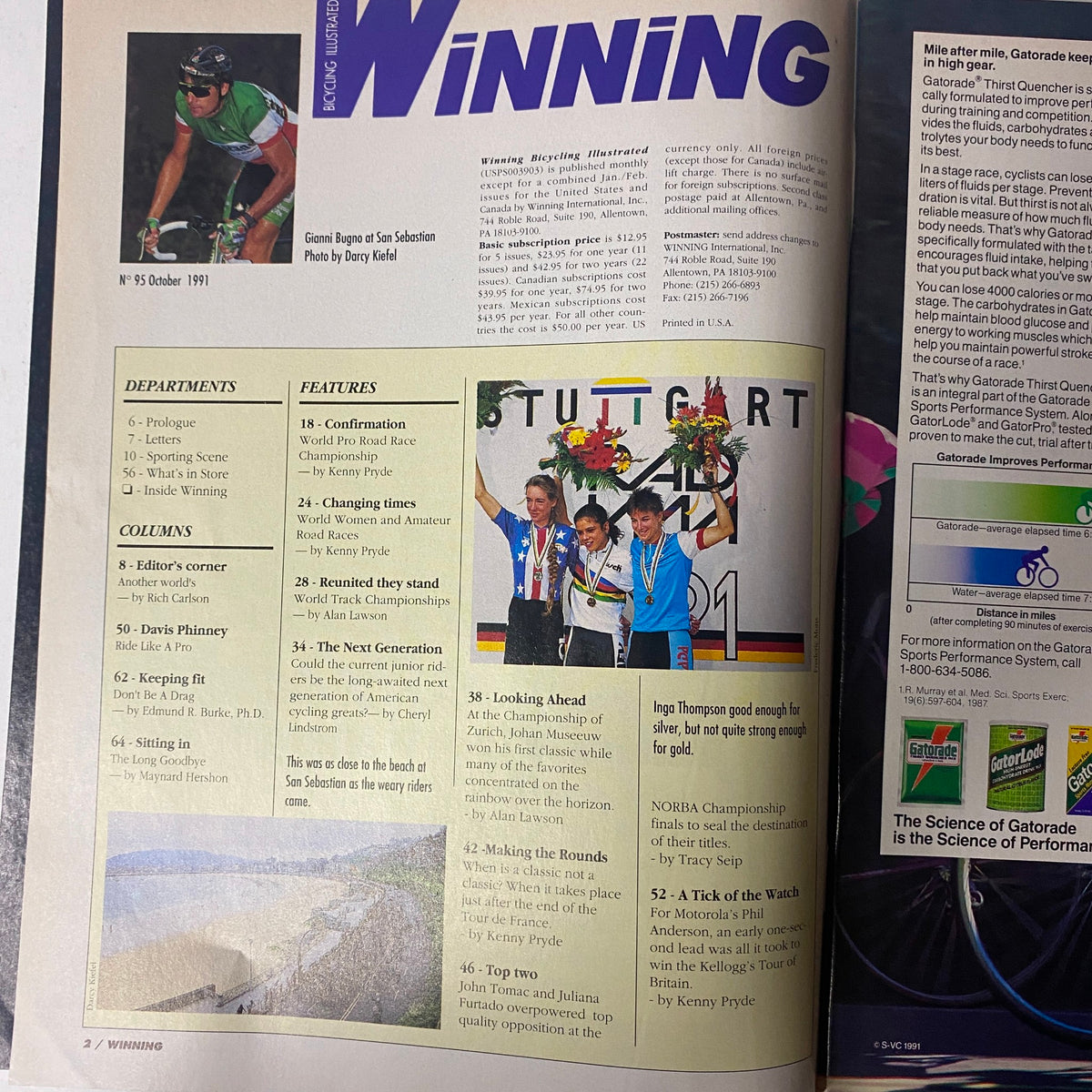 Image from Winning Bicycle Racing Illustrated, October 1991, featuring Gianni Bugno. Highlights include race results, insights, and profiles of cycling. Ideal for collectors and enthusiasts.
