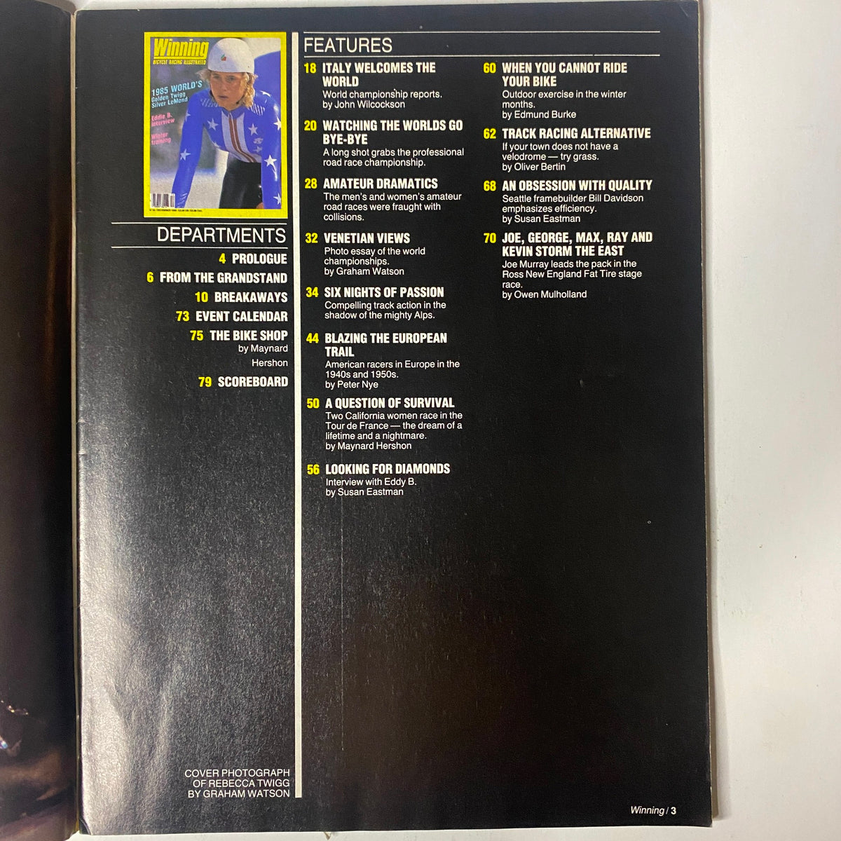 Table of contents from Winning Bicycle Racing Illustrated, December 1985, showcasing various features including interviews and articles about cycling events, training, and notable cyclists.
