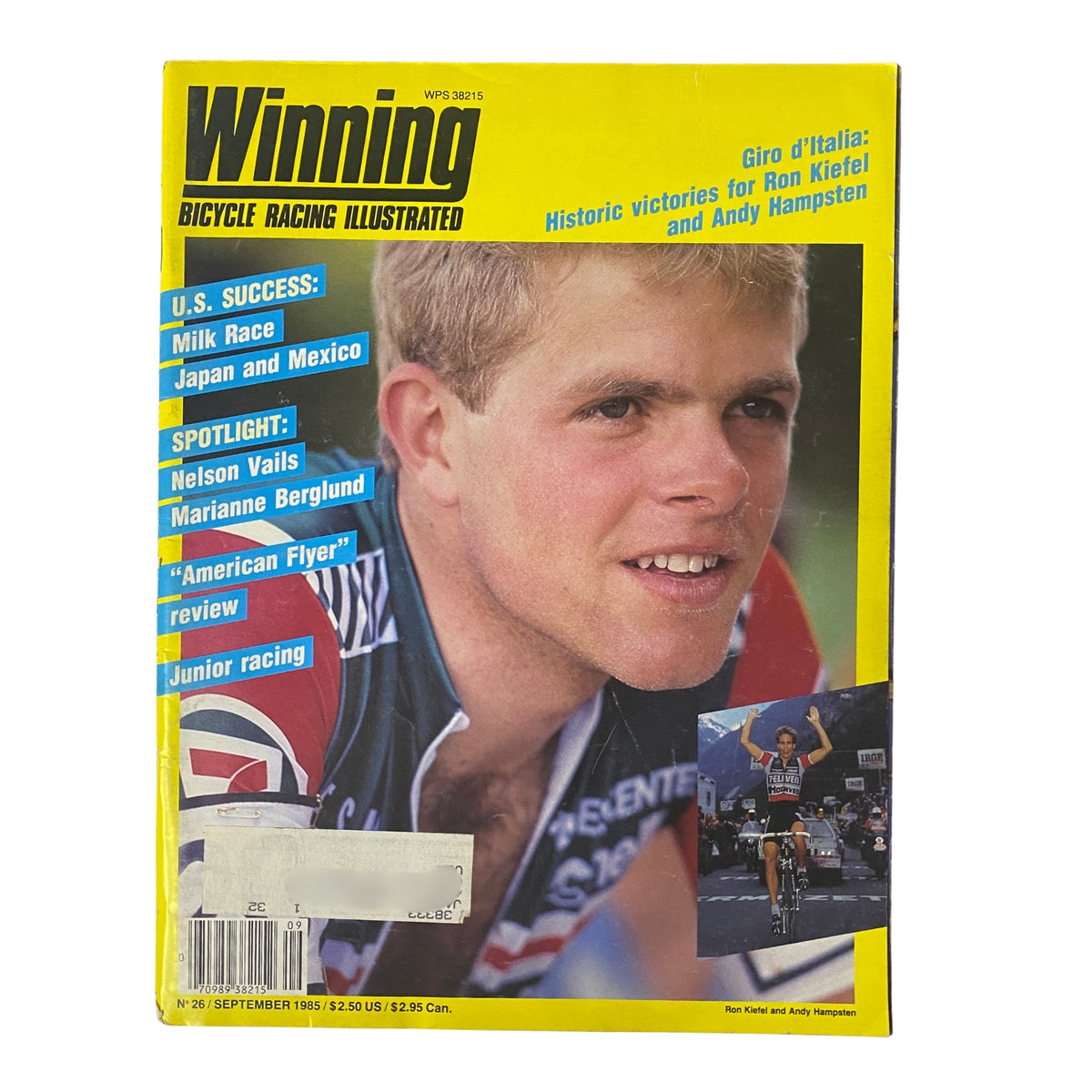 Cover of Winning Bicycle Racing Illustrated, September 1985, No. 26 featuring Ron Kiefel. The cover highlights U.S. cycling success, with images related to Giro d'Italia and Andy Hampsten.