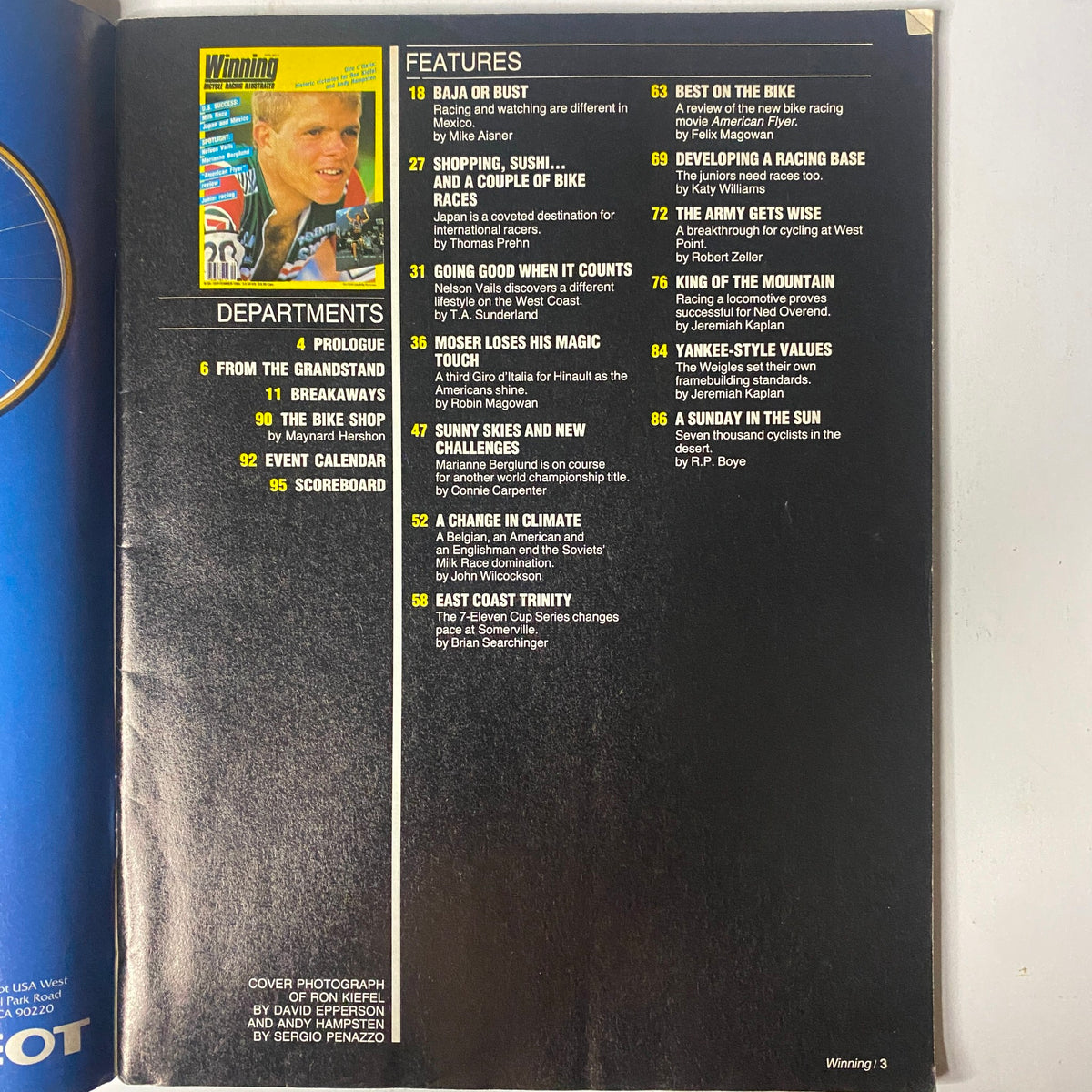 Inside page of Winning Bicycle Racing Illustrated, September 1985, No. 26 showcasing features and departments including articles on Nelson Vails and the Bike Shop.
