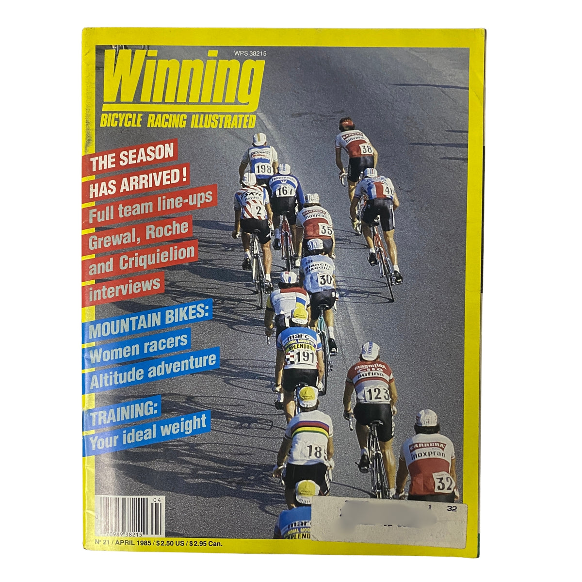 Cover of Winning Bicycle Racing Illustrated, April 1985, No. 21, featuring a cycling peloton in motion, highlighting Ugo De Rosa. This vintage magazine is ideal for cycling enthusiasts.