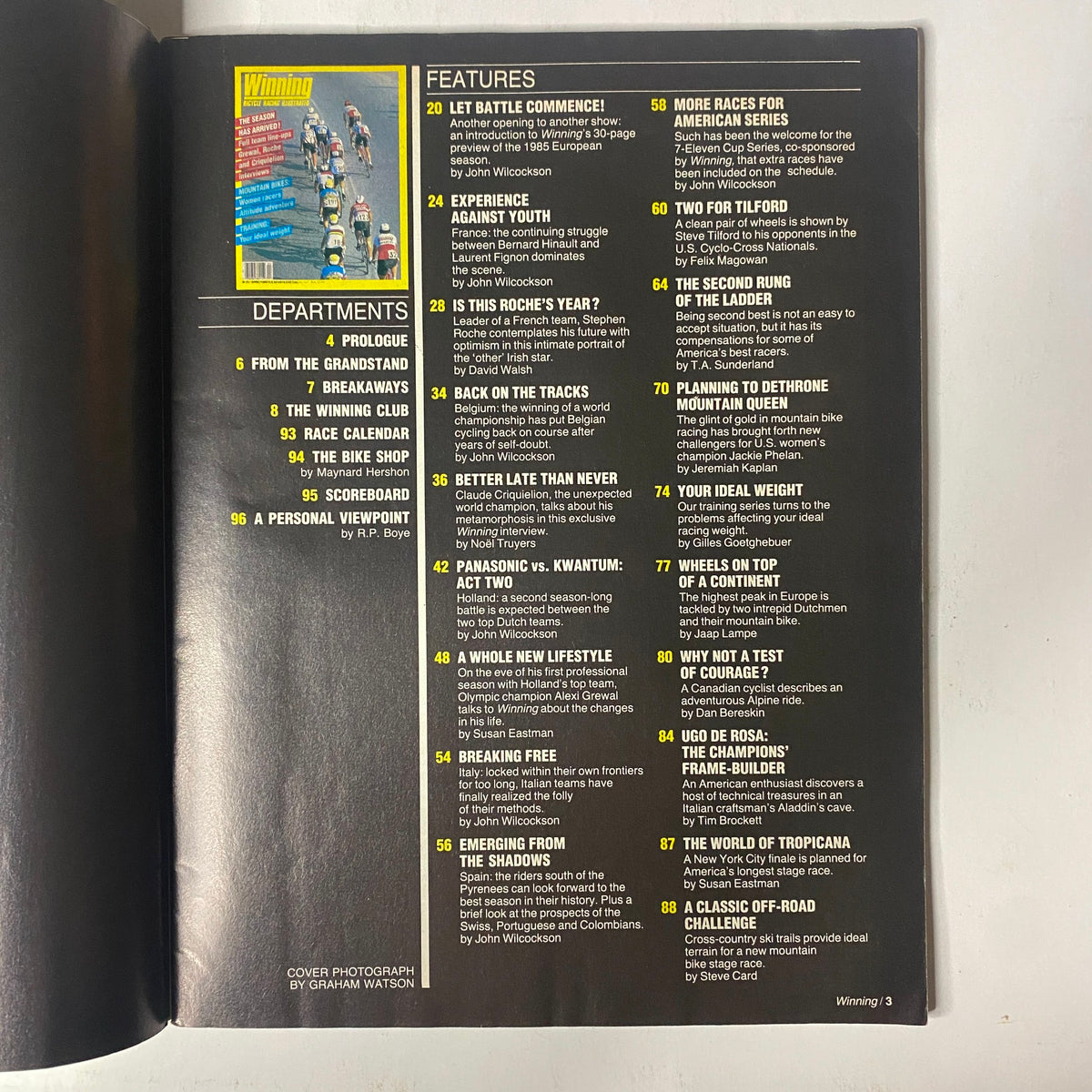 Table of contents from Winning Bicycle Racing Illustrated, April 1985, No. 21, outlining features and departments, making it a valuable resource for cycling history.