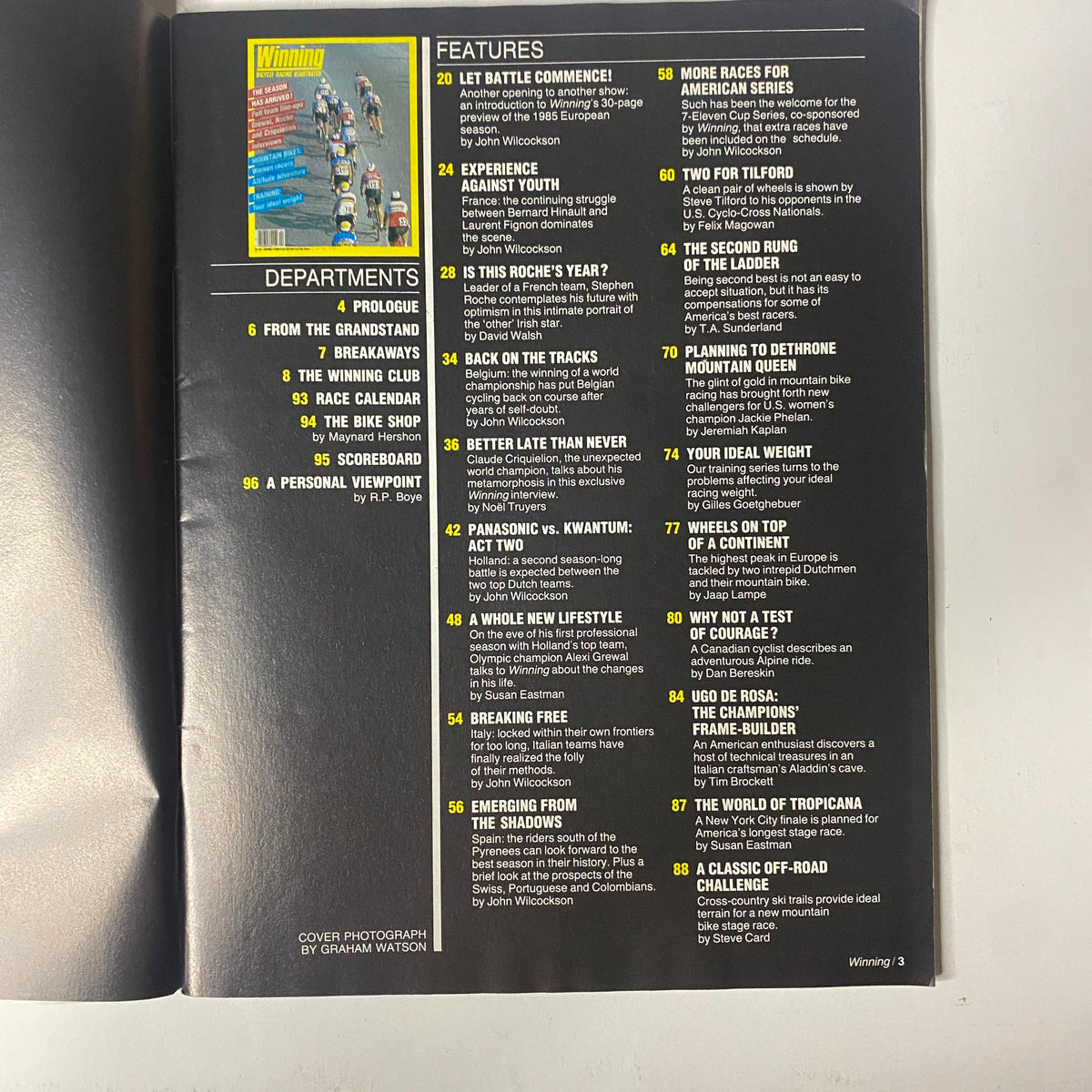 Table of contents for Winning Bicycle Racing Illustrated April 1985 No. 21 featuring mountain bikes, highlighting various articles and departments such as Prologue, Race Calendar, and features on cycling rivalries.