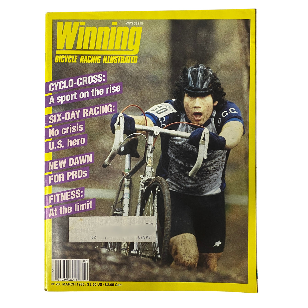 Cover of Winning Bicycle Racing Illustrated, March 1985 No. 20 featuring an action shot of a cyclist competing in cyclo-cross, showcasing intense athleticism and determination.