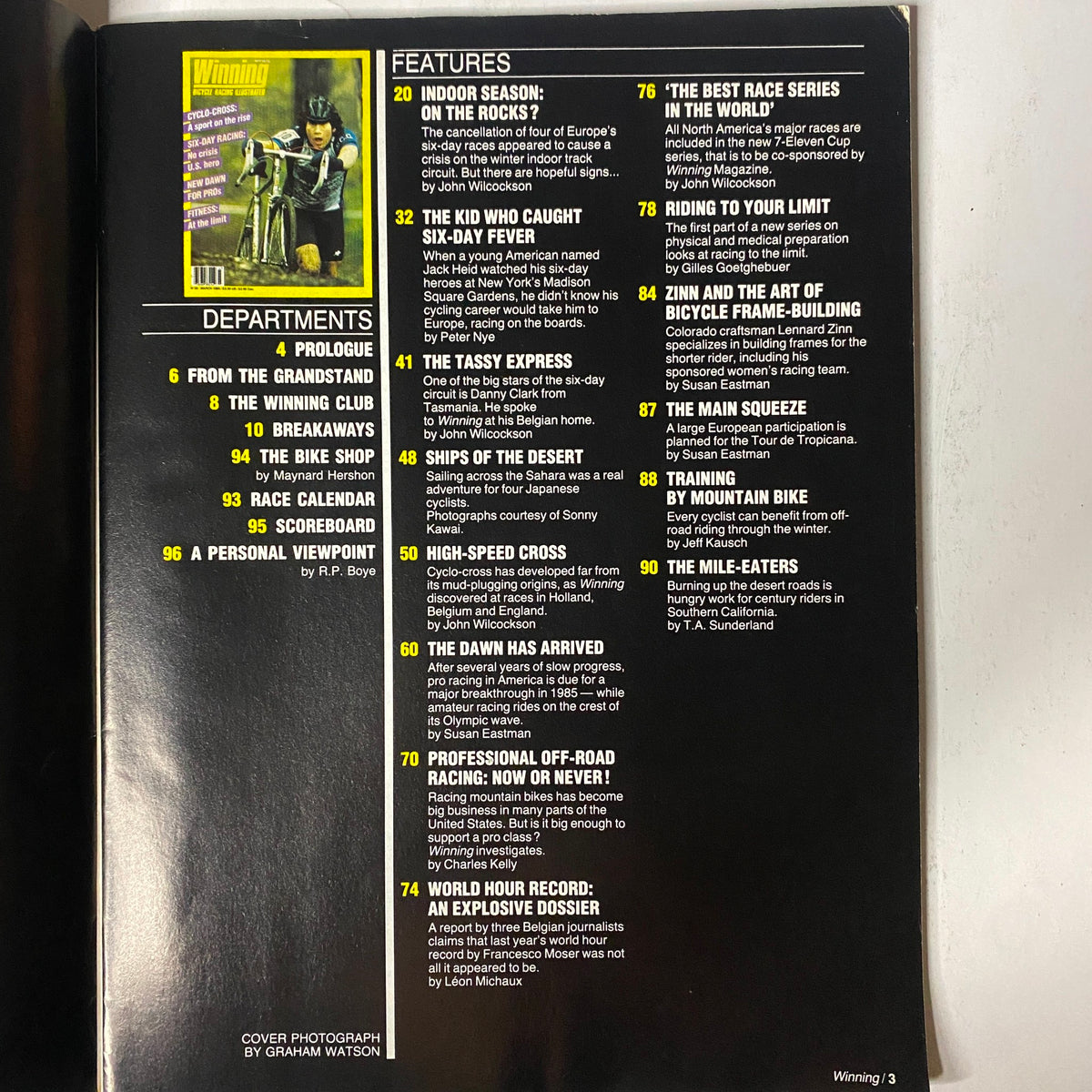 Contents page of Winning Bicycle Racing Illustrated, March 1985 No. 20 listing features and departments related to bicycle racing, including articles on six-day racing and cycling fitness.