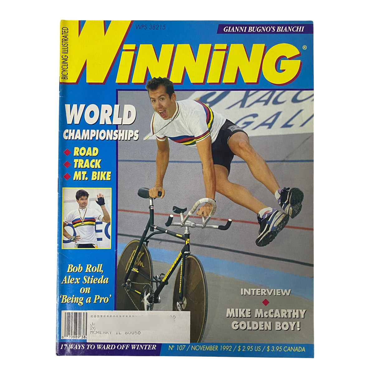 Cover of Winning Bicycle Racing Illustrated November 1992 No. 107 featuring Mike McCarthy, showcasing the World Championships in cycling.