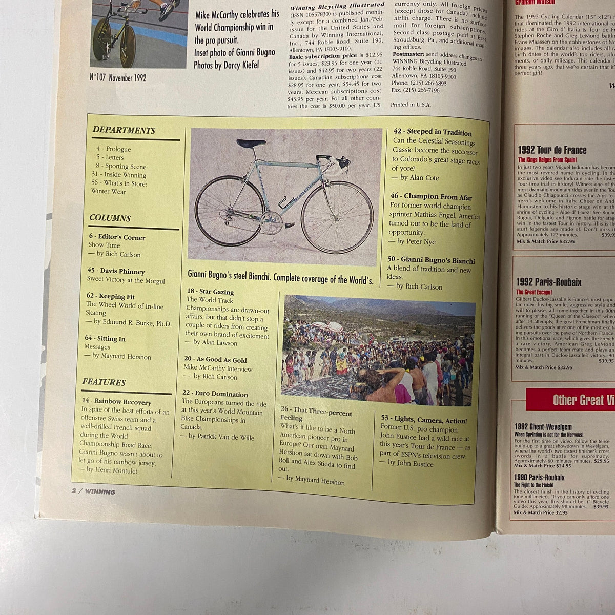 Inside page of Winning Bicycle Racing Illustrated November 1992 No. 107, displaying an article about Gianni Bugno's Bianchi bike and coverage of significant cycling events.