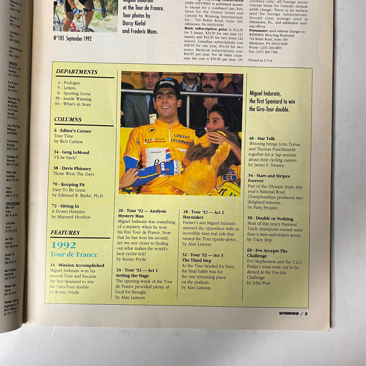 Page from Winning Bicycle Racing Illustrated September 1992 No. 105 featuring Miguel Indurain celebrating as the first Spaniard to win the Giro-Tour double, with highlights and articles about the 1992 Tour de France.