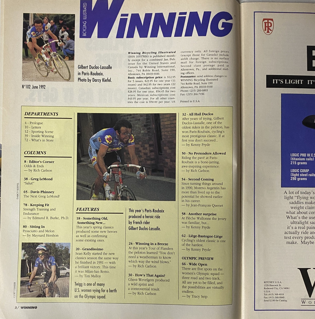 Interior page of Winning Bicycle Racing Illustrated, June 1992, showcasing Gilbert Duclos-Lassalle with editorial content discussing his Paris-Roubaix victory and coverage of the cycling spring classics.