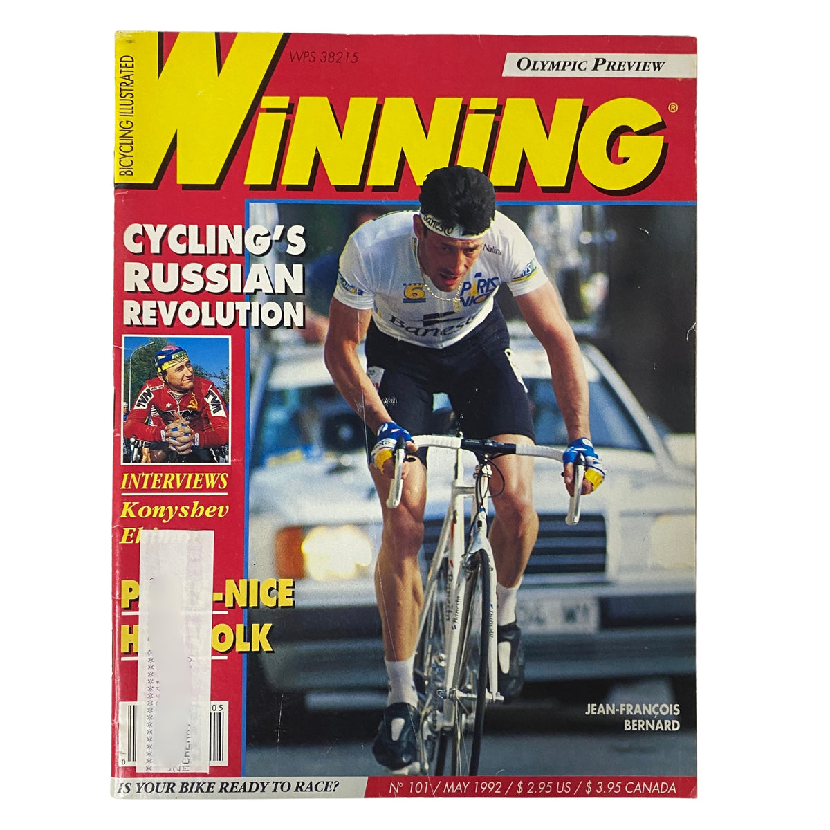 Cover of Winning Bicycle Racing Illustrated May 1992 No. 101 featuring Jean-François Bernard racing, showcasing cycling's Soviet transformation.