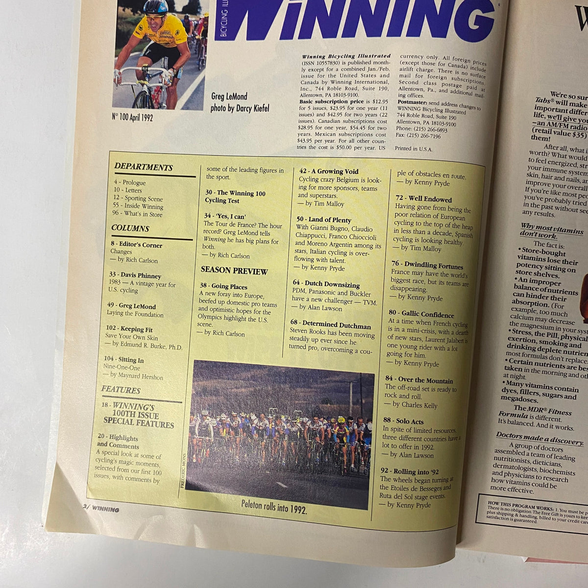 Inside spread of Winning Bicycle Racing Illustrated April 1992 (No. 100) featuring an article about Greg LeMond, showcasing magazine contents including departments and features related to cycling.