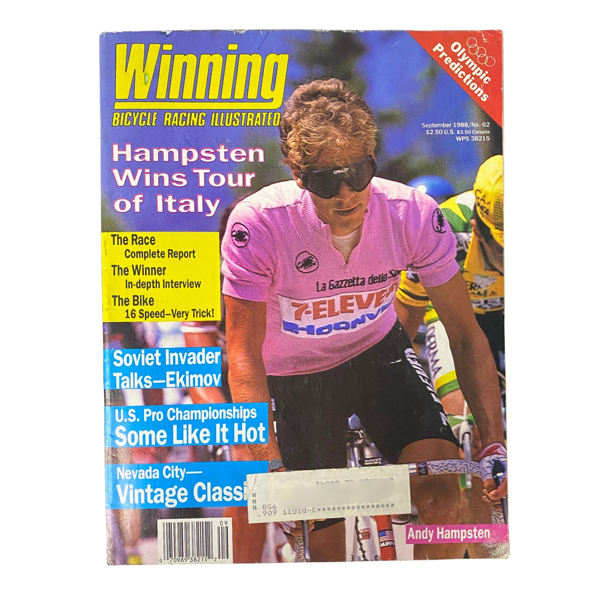 Cover of Winning Bicycle Racing Illustrated September 1988 No. 62 featuring Andy Hampsten, highlighting his Giro d'Italia victory with bold graphics and headline 'Hampsten Wins Tour of Italy.'