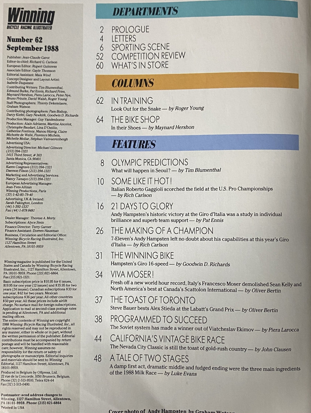 Table of contents from Winning Bicycle Racing Illustrated September 1988 No. 62, outlining featured columns, departments, and articles including Olympic predictions and Andy Hampsten's historic win.