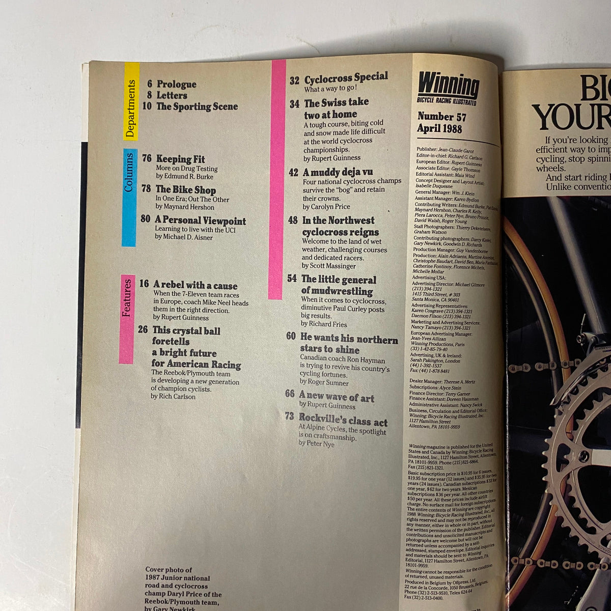 Inside contents page of Winning Bicycle Racing Illustrated April 1988 No. 57 listing features such as 'Cyclocross Special' and 'A Rebel with a Cause,' highlighting various cycling-related columns and articles.