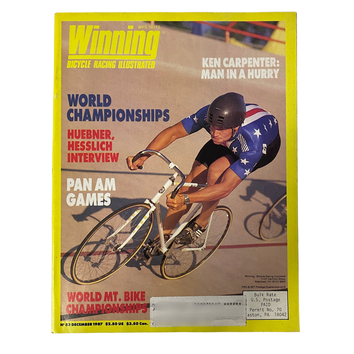 Cover of Winning Bicycle Racing Illustrated December 1987 No. 53 featuring Ken Carpenter, showcasing highlights of the World Championships, Pan Am Games, and World Mountain Bike Championships.