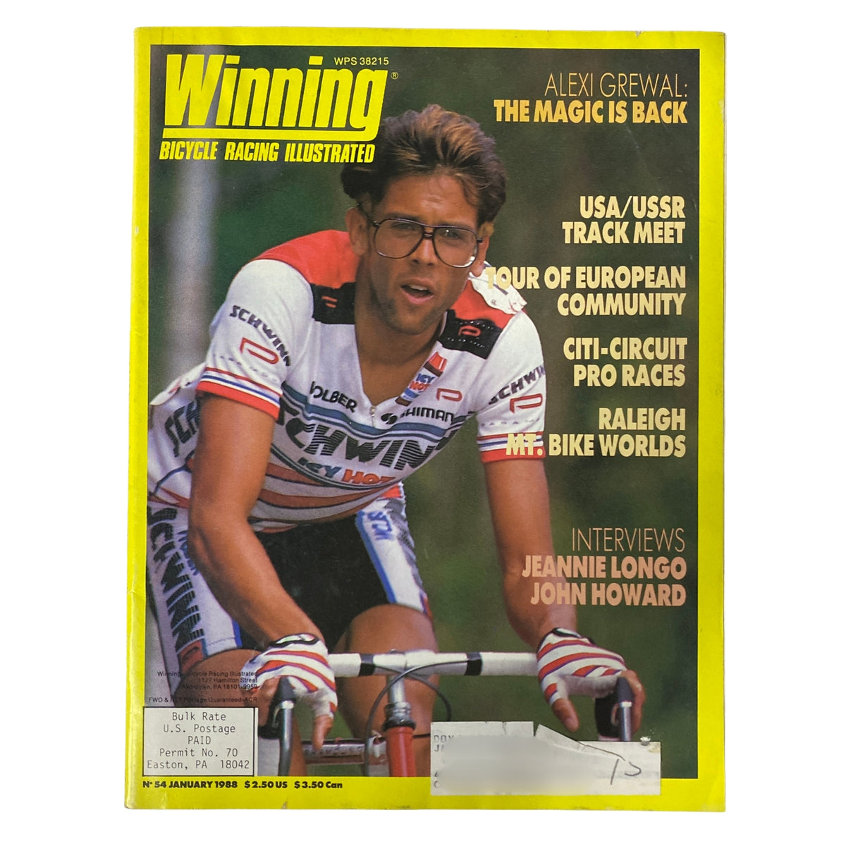 Winning Bicycle Racing Illustrated January 1988 No. 54 cover featuring Alexi Grewal, showcasing his return to cycling with a vibrant yellow background and action-packed photography.
