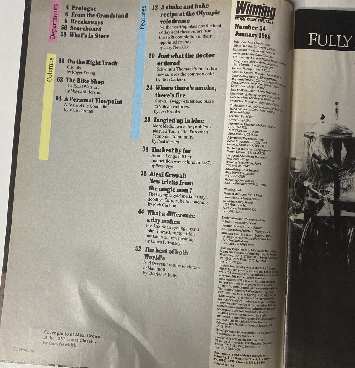 Inside page of Winning Bicycle Racing Illustrated January 1988 No. 54, detailing contents and columns, including segments on Alexi Grewal, Jeannie Longo, and cycling industry insights.