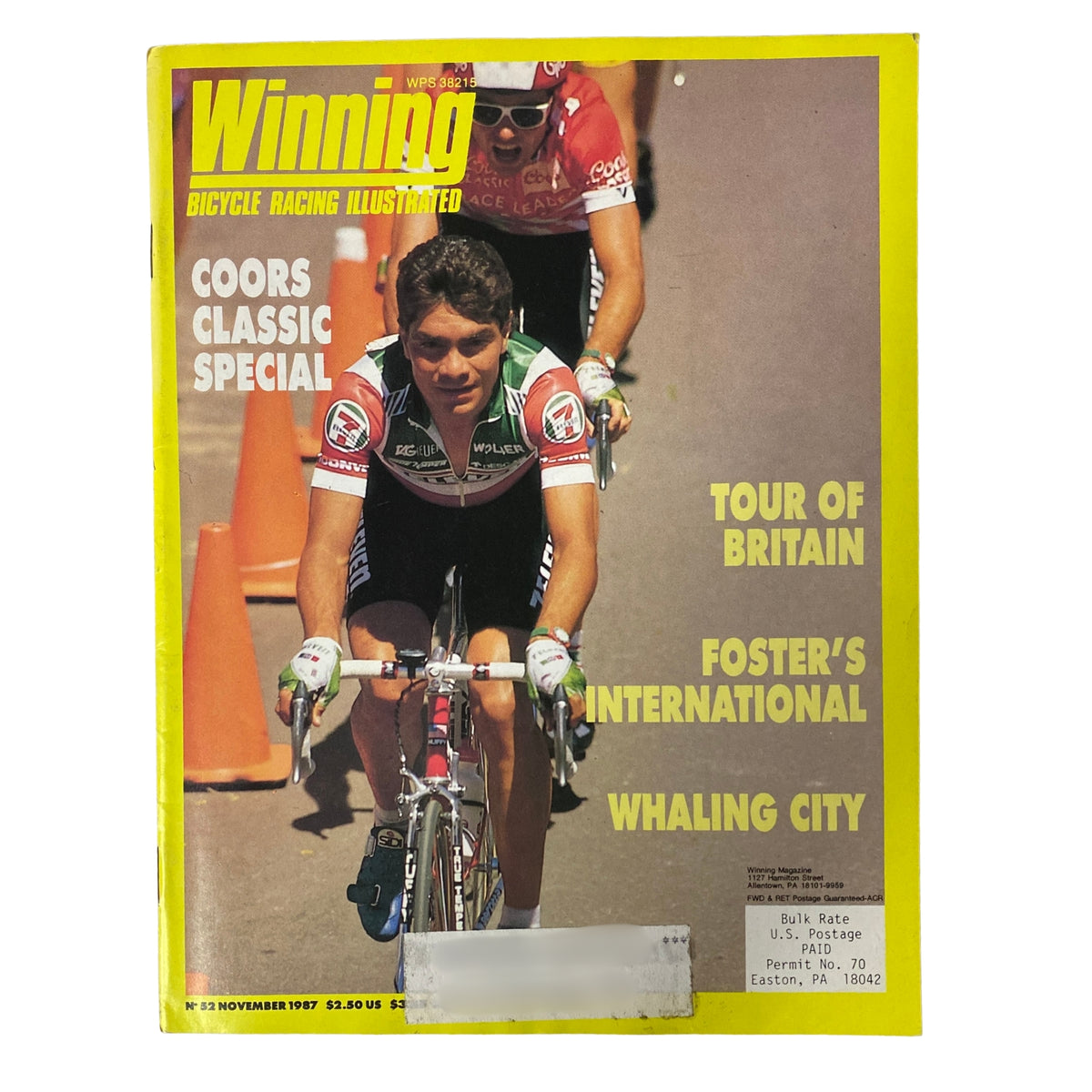 Cover of Winning Bicycle Racing Illustrated, November 1987, No. 52 featuring Raul Alcala. The magazine highlights the Coors Classic and showcases various cycling events including the Tour of Britain and Foster’s International. Colorful design and vibrant imagery reflect the excitement of bicycle racing.