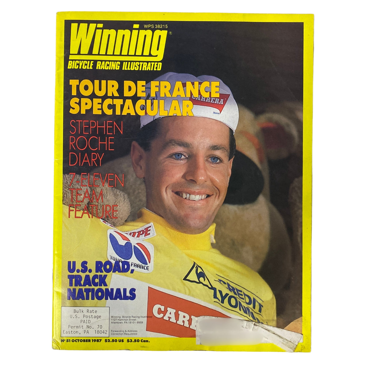 Cover of Winning Bicycle Racing Illustrated, October 1987, featuring Stephen Roche, showcasing Tour de France content, U.S. Road Track Nationals, and the 7-Eleven team.