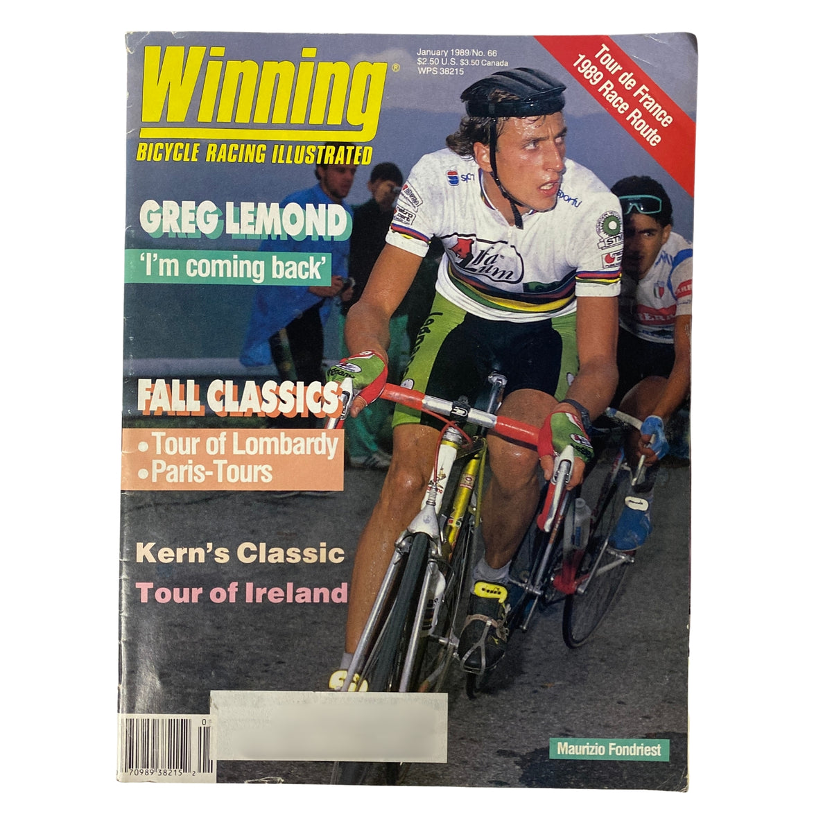 Cover of Winning Bicycle Racing Illustrated January 1989 No. 66 featuring cycling stars Greg LeMond and Maurizio Fondriest, highlighting themes like LeMond’s comeback and famous cycling events such as the Tour of Lombardy and Paris-Tours.