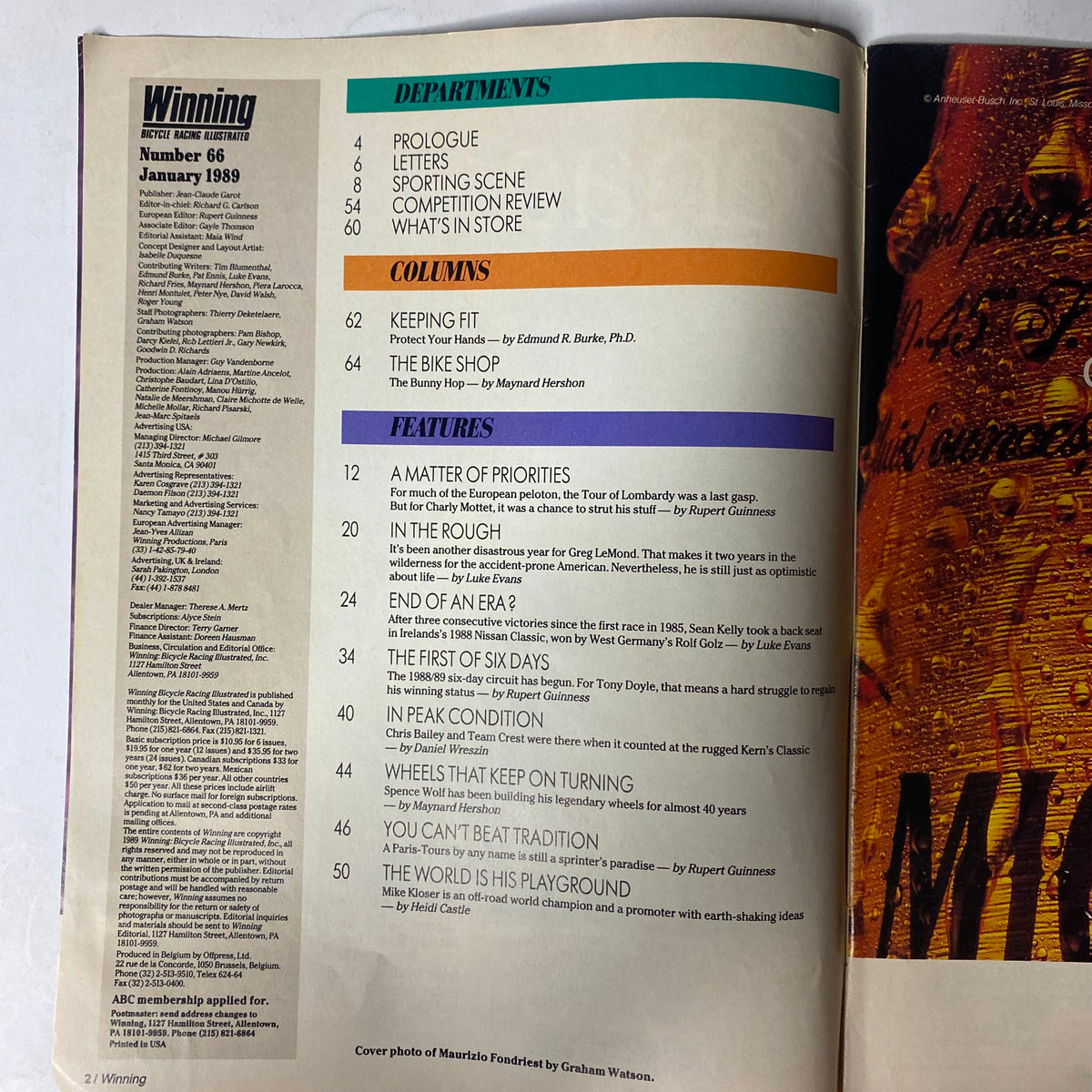 Inside page of Winning Bicycle Racing Illustrated January 1989 No. 66, displaying the table of contents with sections on departments, columns, and features related to cycling, including prologue, letters, and competition reviews.