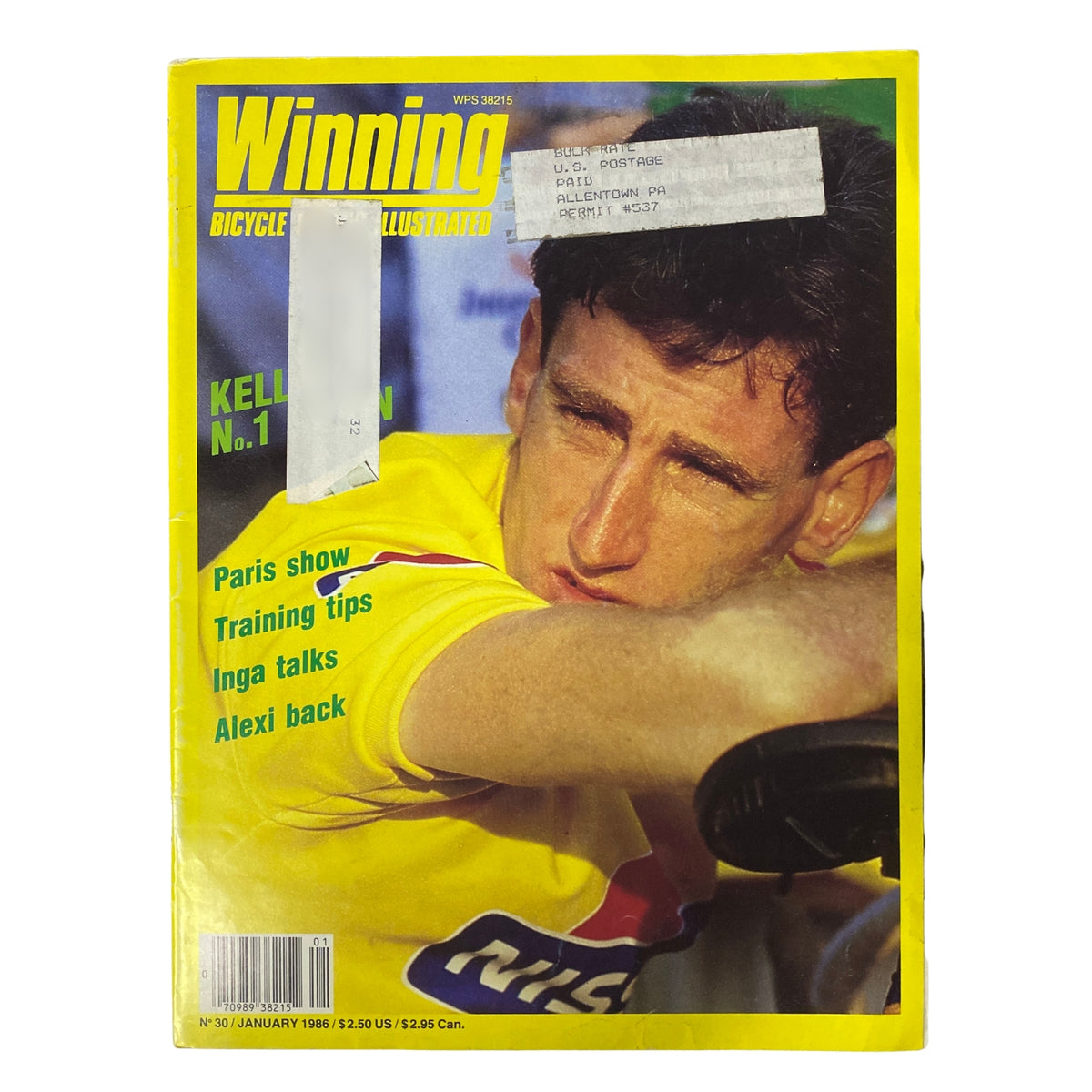 Winning Bicycle Racing Illustrated January 1986 No. 30 featuring Sean Kelly on the cover, showcasing his cycling achievements; magazine in very good condition.