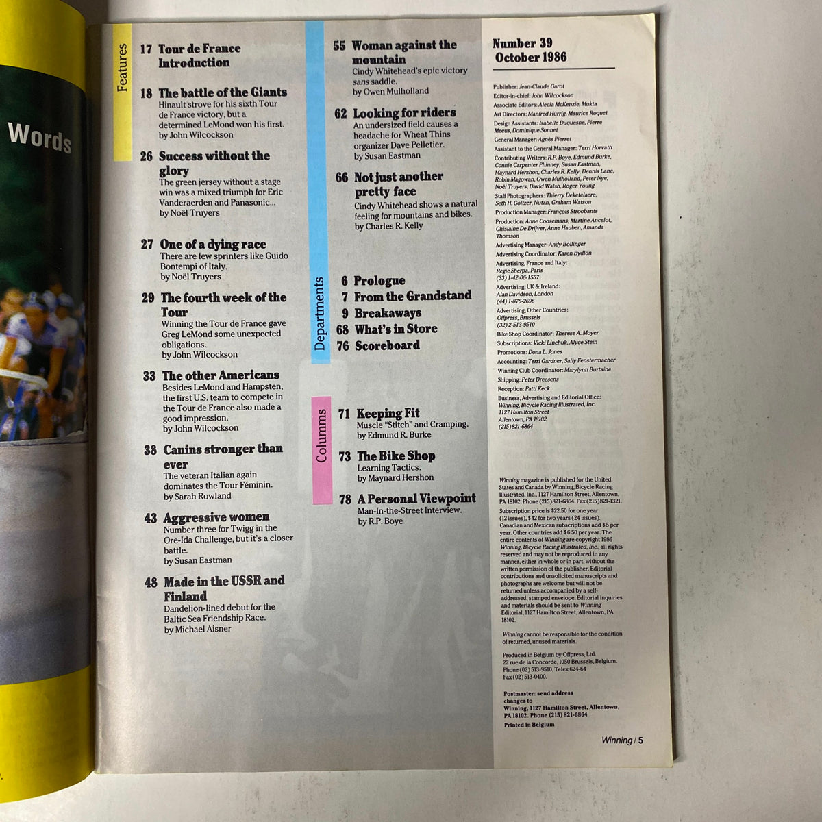 Table of contents from Winning Bicycle Racing Illustrated October 1986 No. 39, showcasing features and articles including 'Tour de France Introduction' and 'The battle of the Giants'.