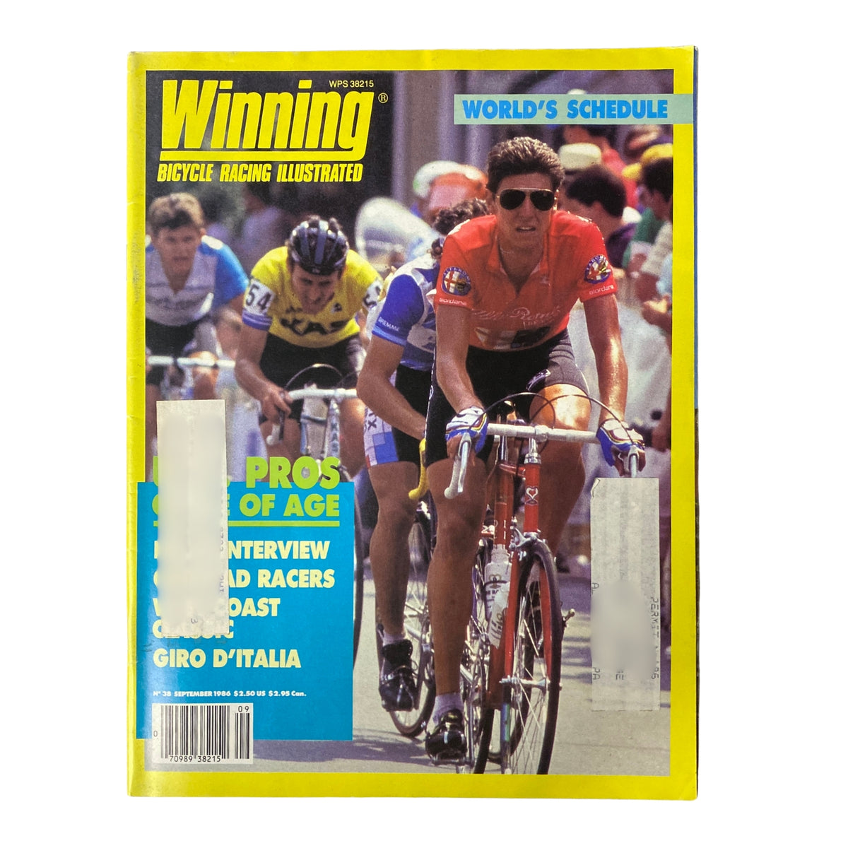 Cover of Winning Bicycle Racing Illustrated September 1986 No. 38 featuring cyclists in a race, highlighting the U.S. Pro Championship and Giro d'Italia.