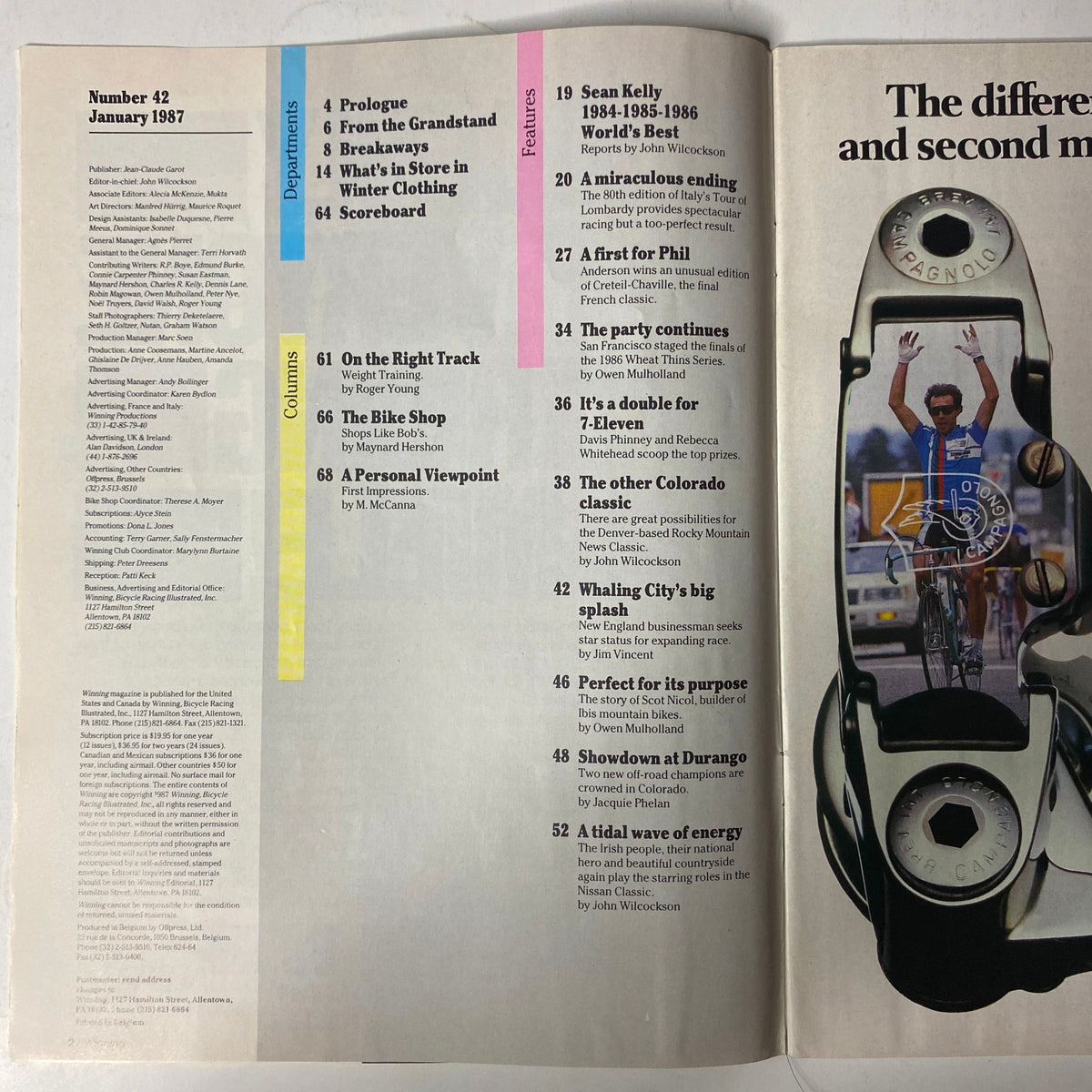 Interior page of Winning Bicycle Racing Illustrated January 1987 No. 42 showing the table of contents, including featured articles on Sean Kelly and cycling events.