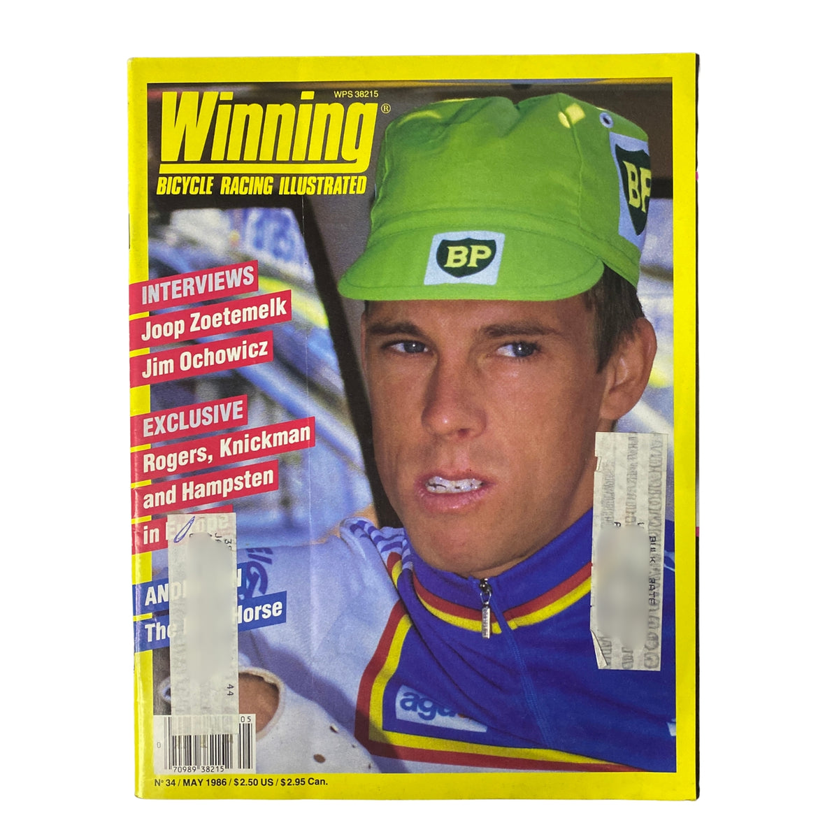 Cover of Winning Bicycle Racing Illustrated, May 1986 (No. 34) featuring cyclist Phil Anderson. The magazine includes interviews and features on professional cycling, team strategies, and profiles of top cyclists from the mid-1980s.